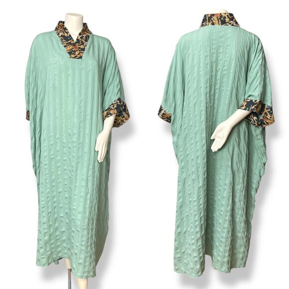 Kaftan Dress Light Green Handmade Kuwait Women Maxi Textured Fabric Pattern Trim - Picture 1 of 15